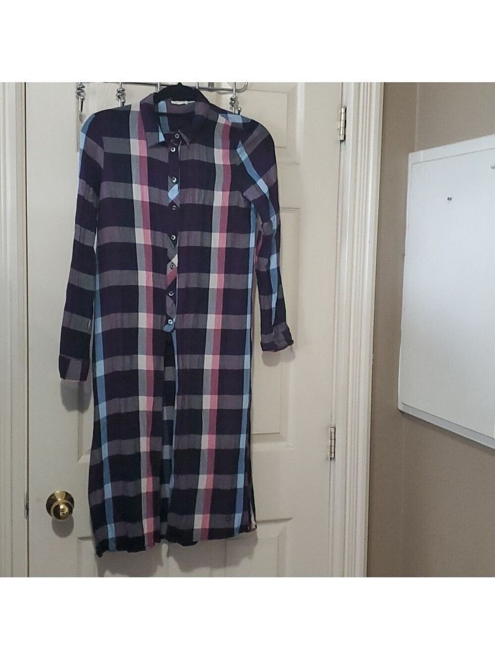 Numph Long half button plaid top size 34 or 8uk